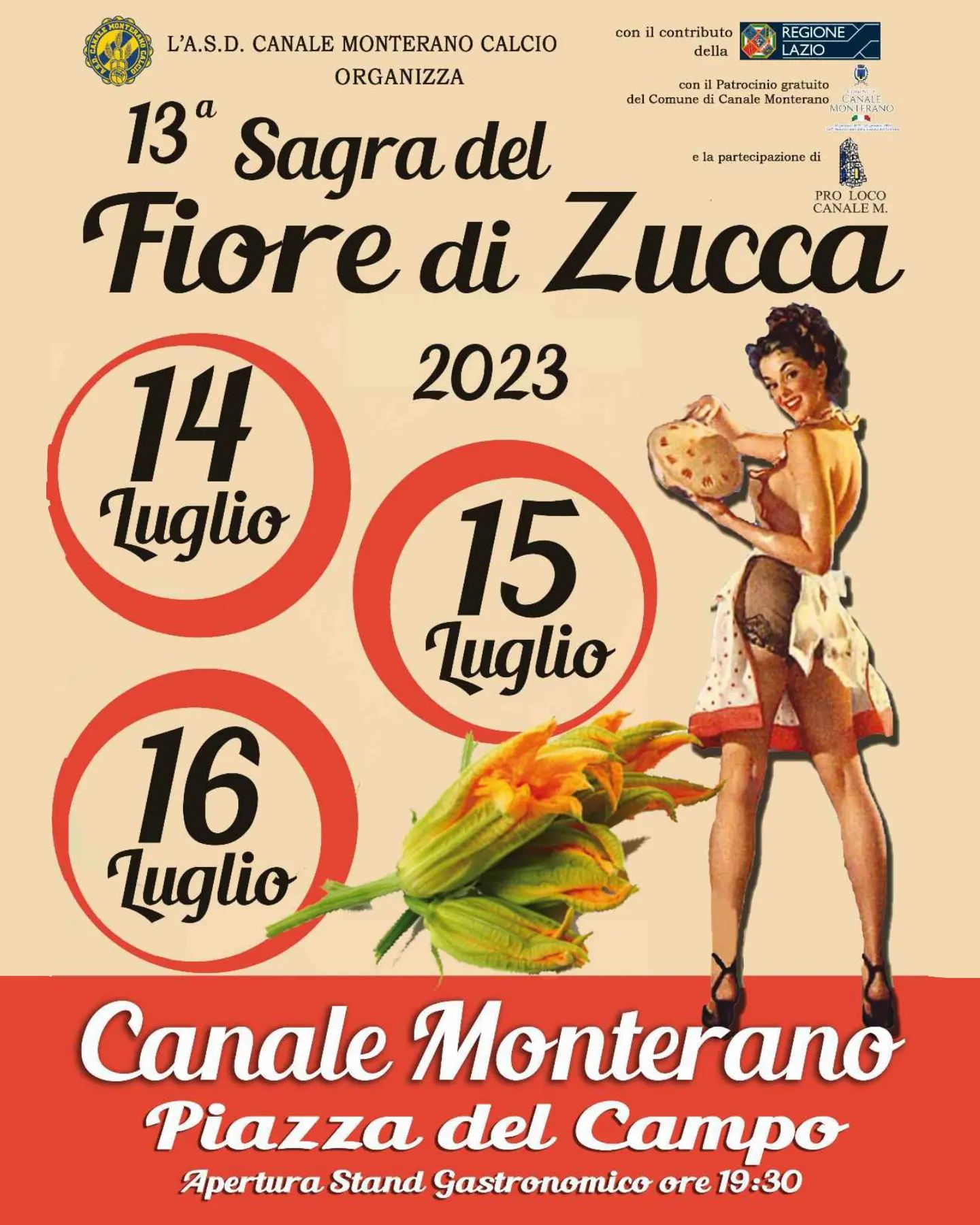 13° Sagra del Fiore di Zucca di Canale Monterano 14-15-16 luglio 2023, piazza del Campo, apertura stand gastronomico ore 19:30